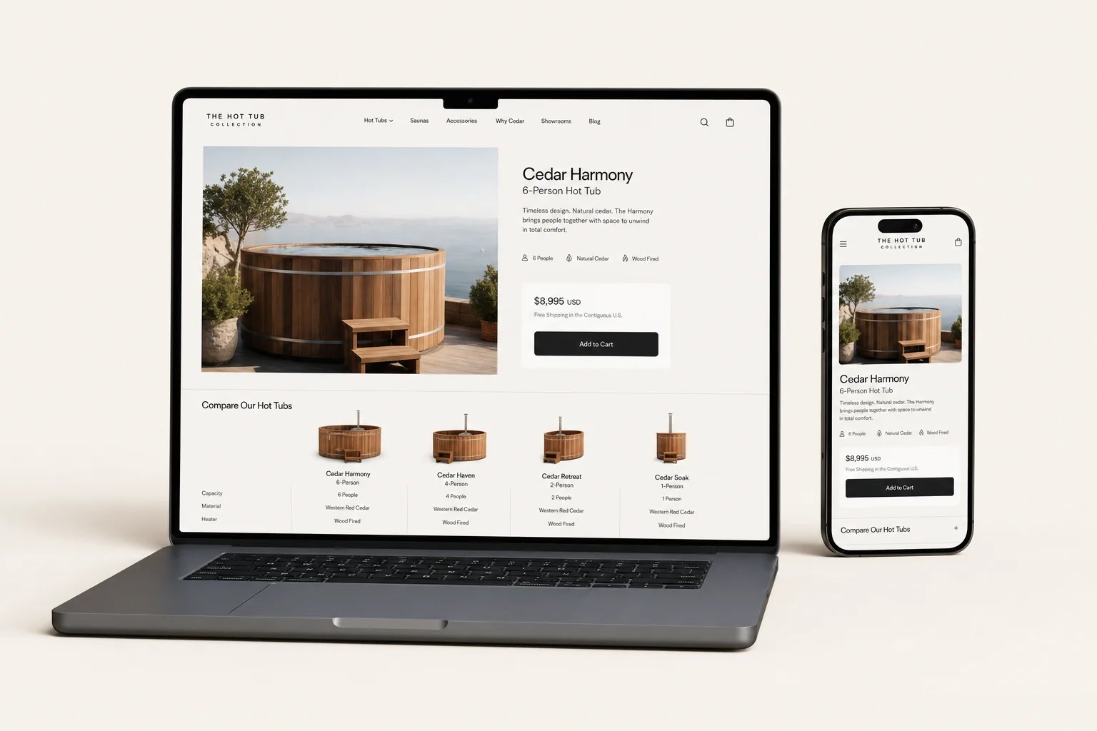 The Hot Tub Collection, luxury e-commerce shown on laptop and phone
