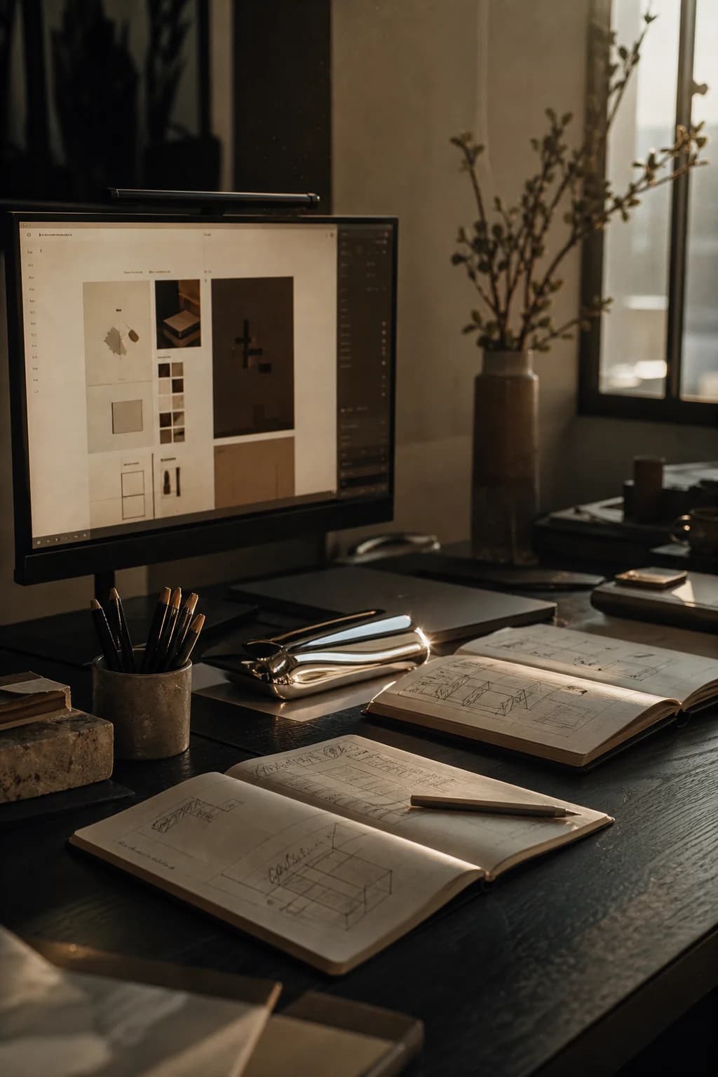 A designer's studio desk at golden hour, interface work on screen