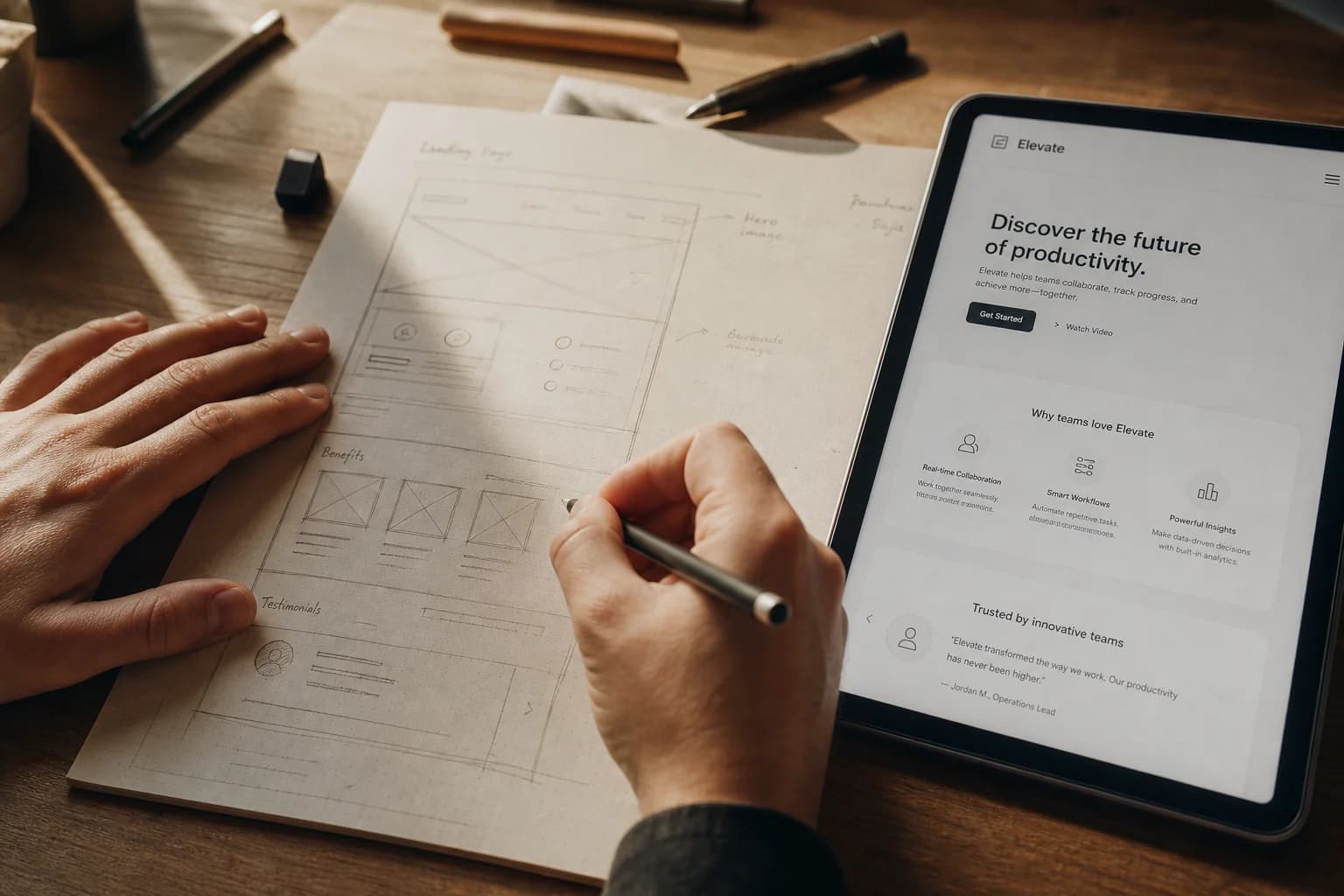 Hands sketching interface wireframes beside the digital version