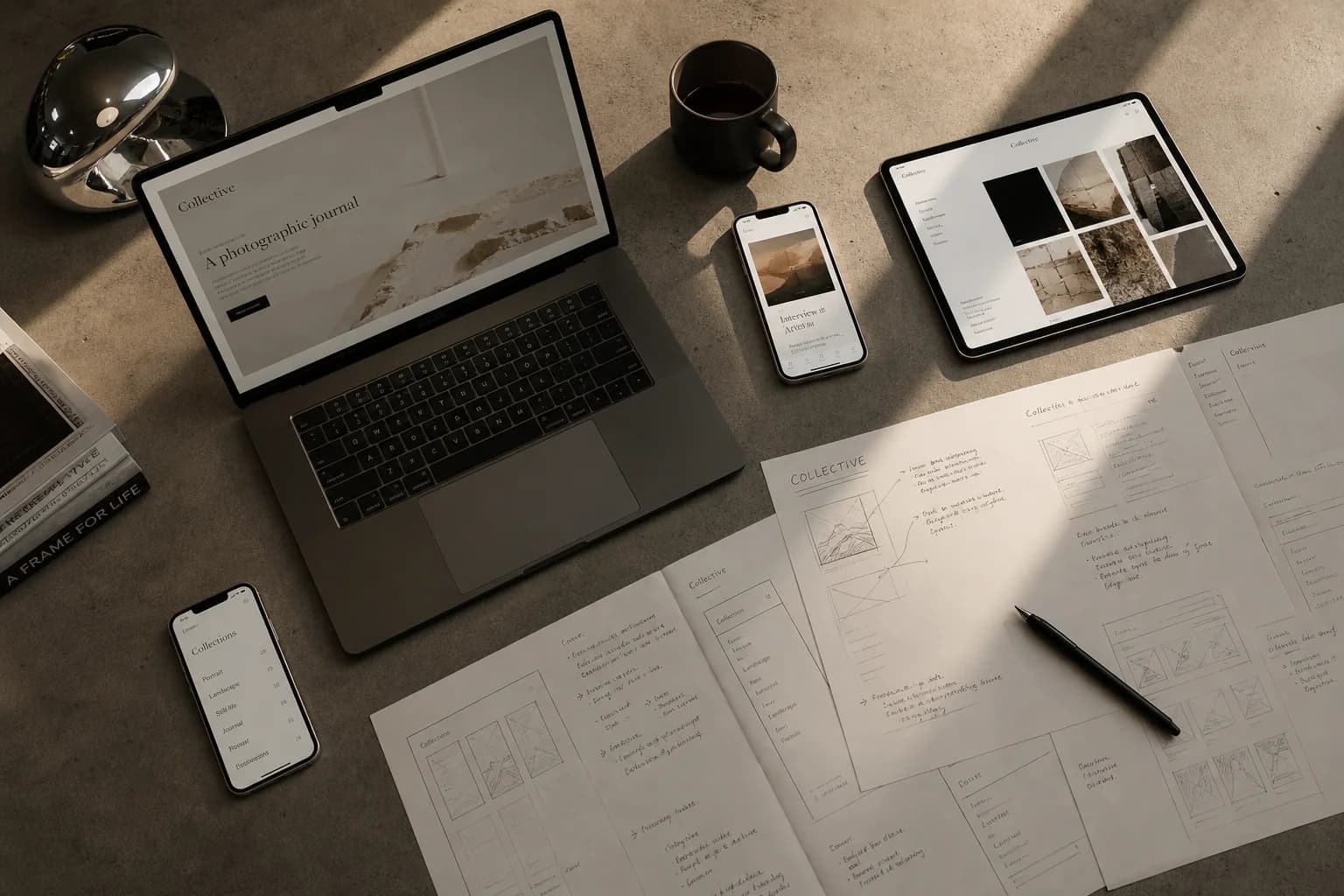 A studio worktable covered in devices showing interface work